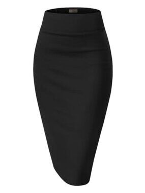 Premium Nylon Ponte Stretch High Waist Pencil Skirt Below Knee
